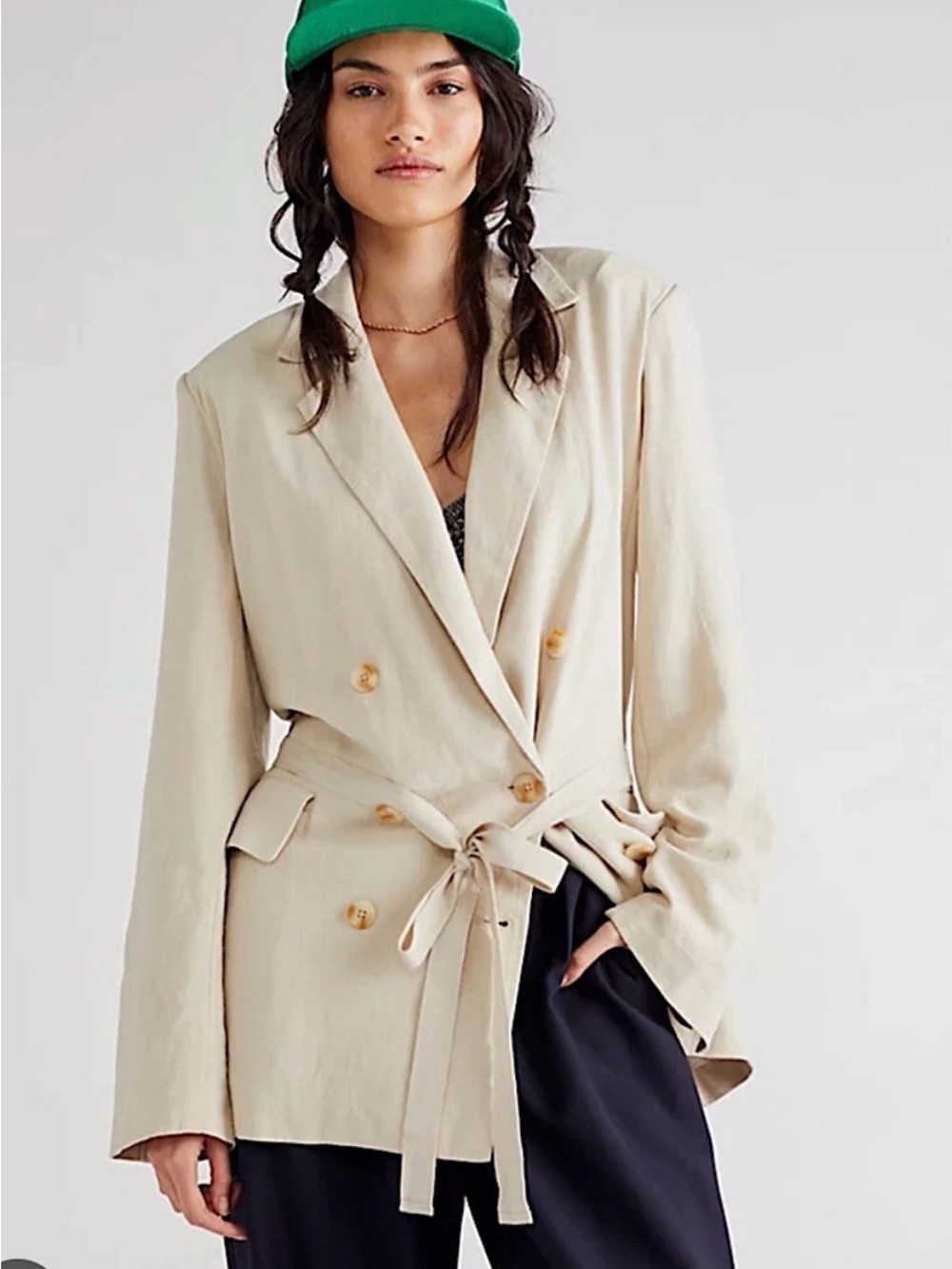 Free People Linen Double Breasted Tie Waist Soft Blazer Jacket Neutral Size M